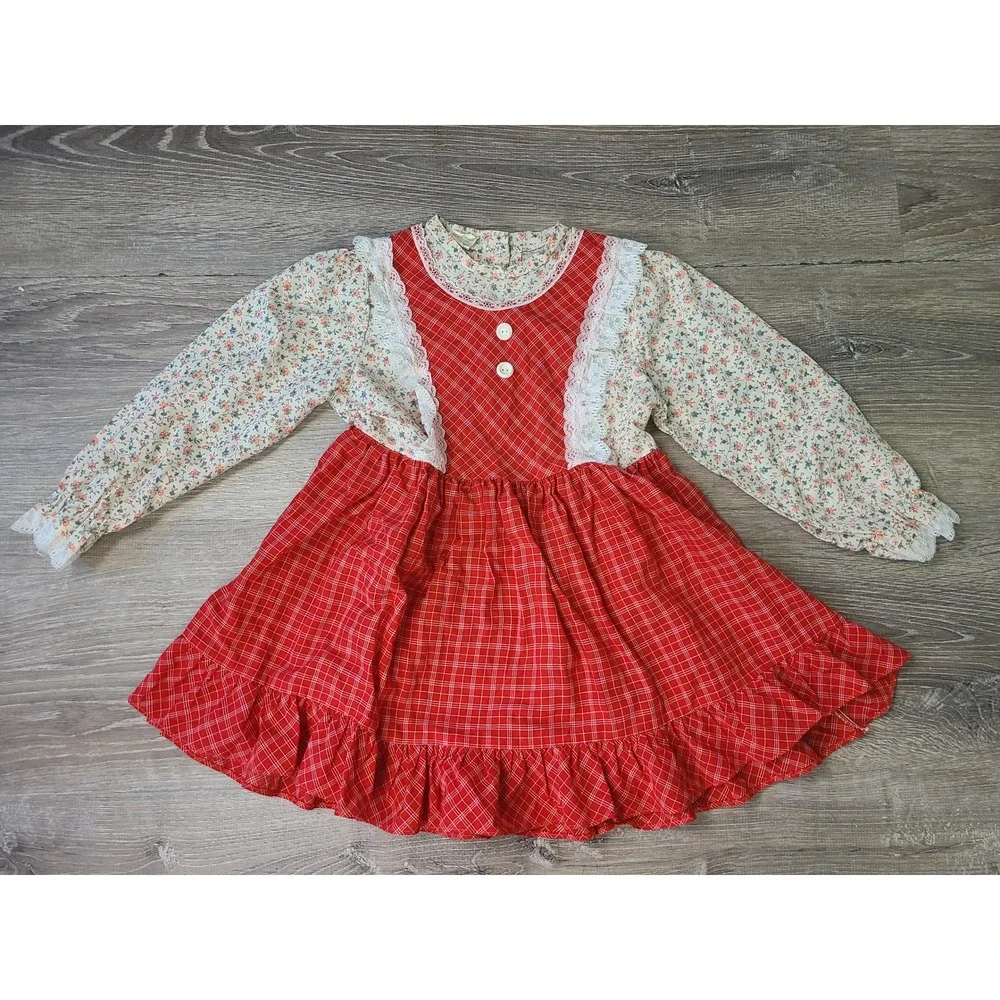 VTG 70s Solos Girl's 5 Prairie Pinafore Dress Lacy Retro Cowgirl Cottagecore - Picture 1 of 6
